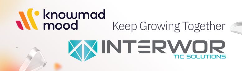 Logotipo de knowmad mood un simbolo de suma con el logotipo de InterWor Tic Solutions